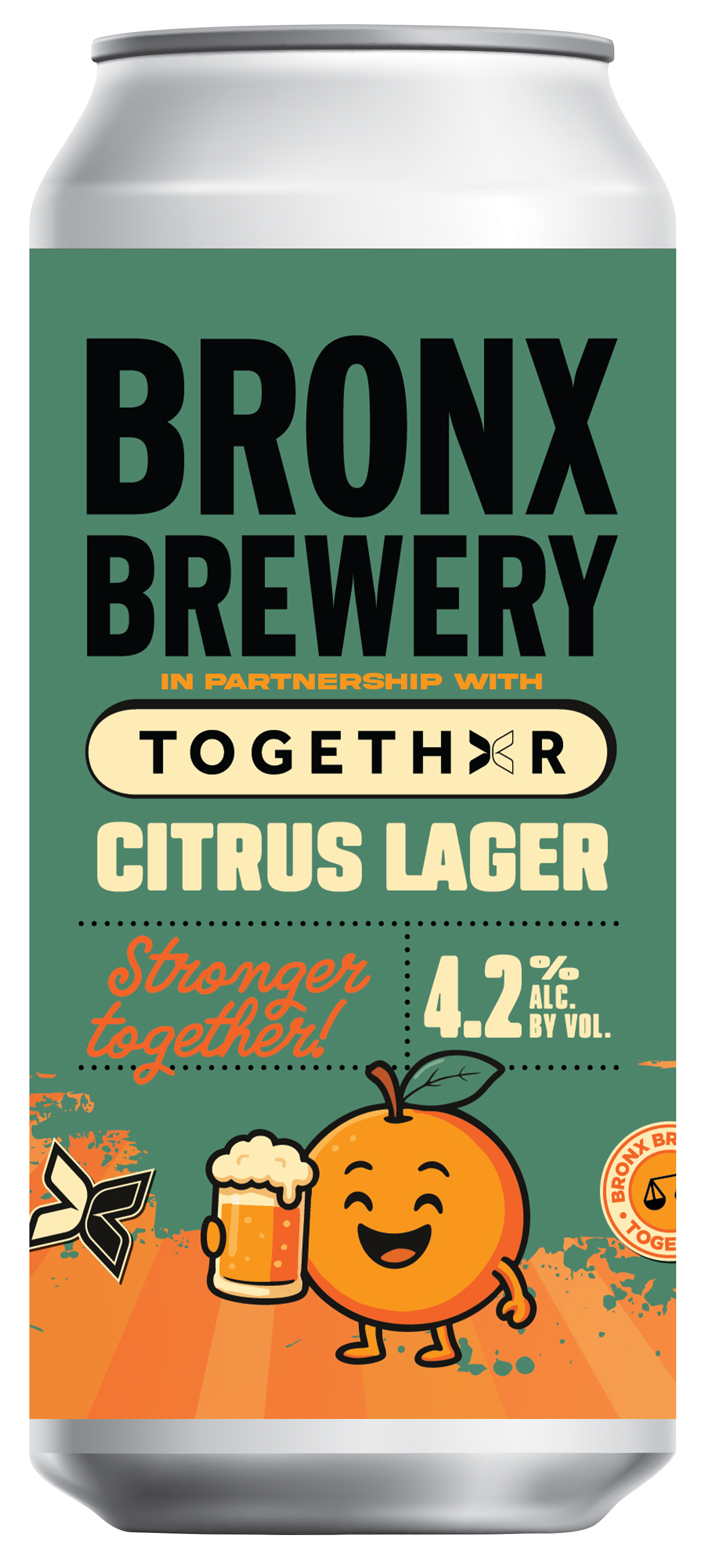 Can of Bronx Brewery Citrus Lager with a cartoon orange character on a green and orange background